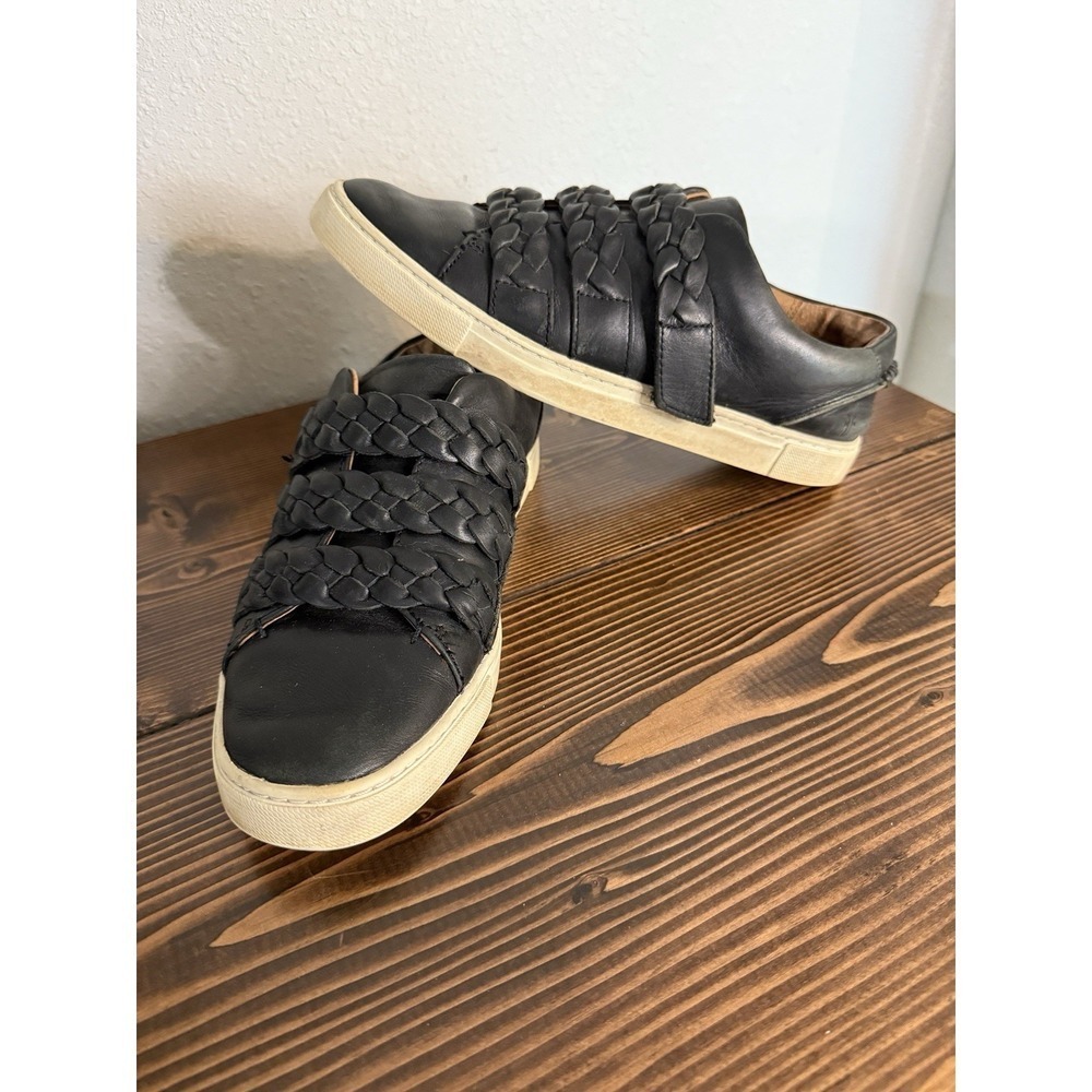 Frye Ivy Braid Strap Leather Sneaker 8‎ Black Slip On Cushioned Women Casual